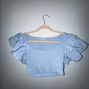 Zara Light Blue Ruffle Sleeve Crop Top